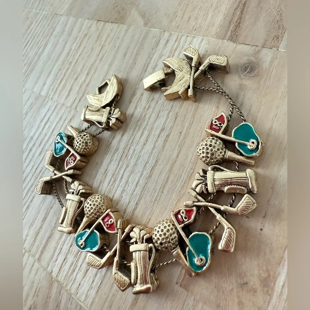 Vintage gold tone golf charm slider bracelet